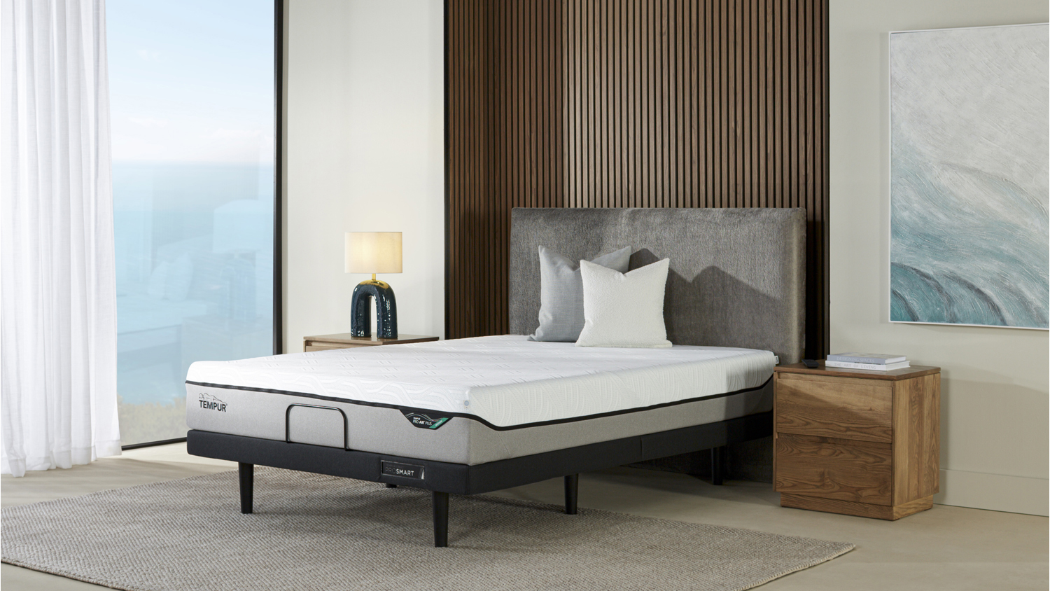 Tempur Pro Air Plus Medium Mattress on a bed frame in a well-lit contemporary bedroom