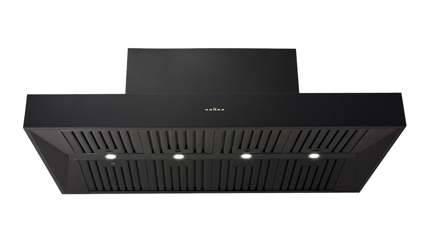 A front view of Schweigen 150cm BBQ alfresco wall-mounted rangehood with stainless steel finish, baffle filters and LED lights