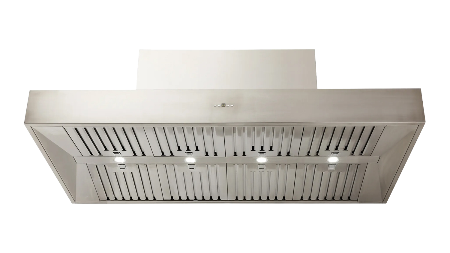 A front view of Schweigen 150cm BBQ alfresco wall-mounted rangehood with stainless steel finish, baffle filters and LED lights