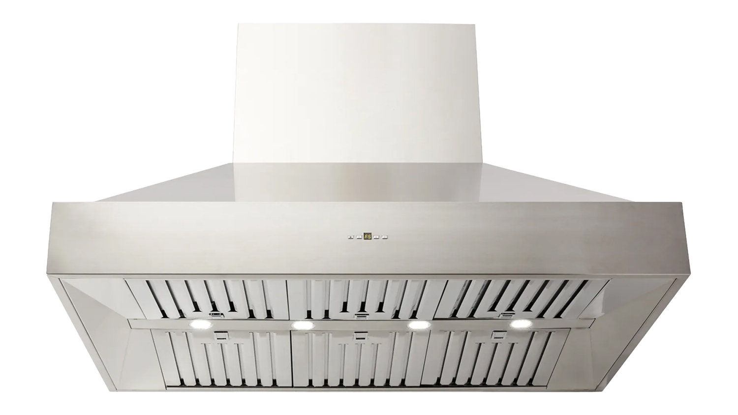 Front view of the stainless steel Schweigen 120cm BBQ Alfresco Silent wall-mounted Rangehood with twin external motors, chimney, baffle filters, and built-in LED lights