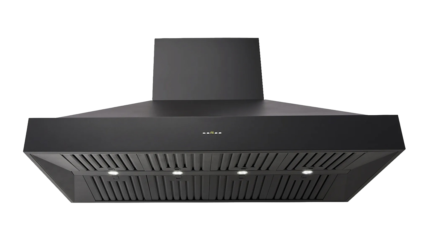 Front view of the Black Schweigen 150cm BBQ Alfresco Silent wall-mounted rangehood with twin external SE2 motors, chimney, stainless steel baffle filters, and four LED lights
