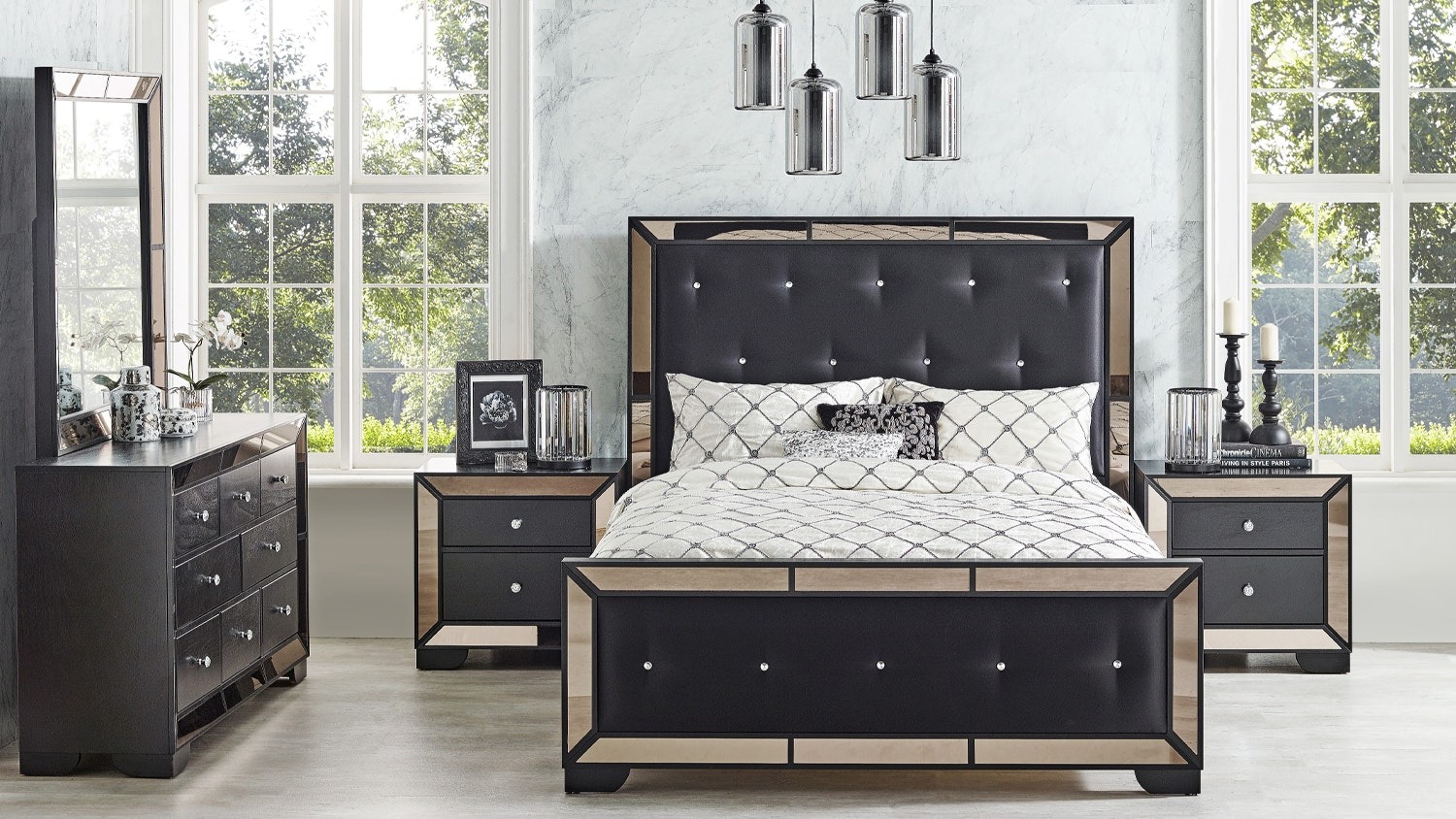 Juliette Super King Black Bed Frame with tufted bed, mirrored accents, white nightstand, lamp, and soft neutral decor