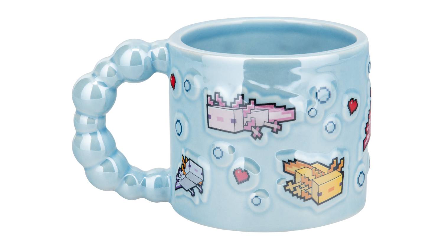 Light blue embossed Minecraft mug featuring pixel-style axolotls in pink, yellow, and white