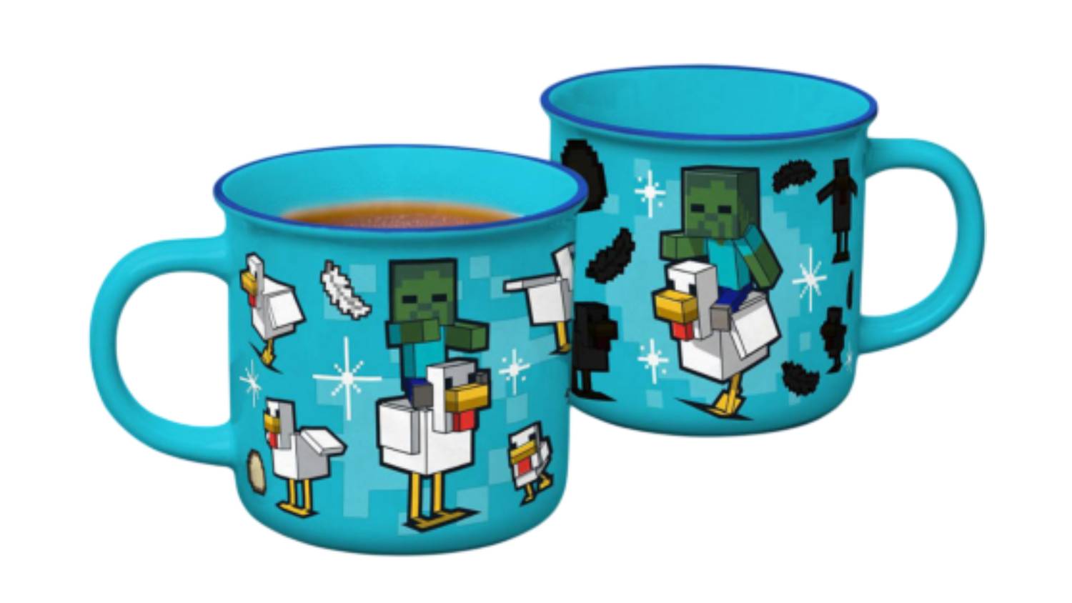 Two teal Minecraft heat-changing mugs are shown side by side