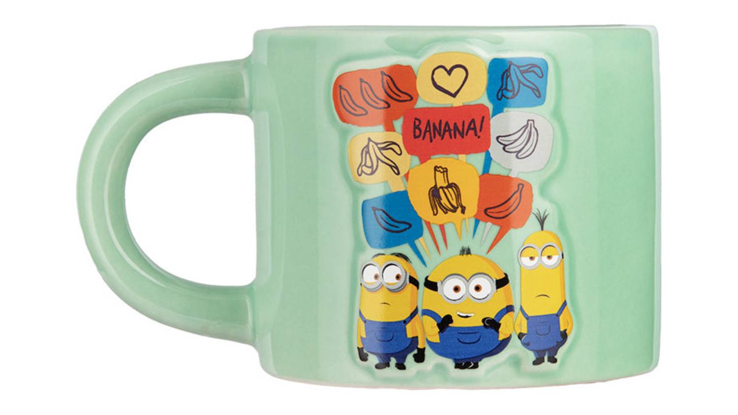 Mint-green embossed Minions mug, front view. Three Minions stand beneath colourful speech bubbles