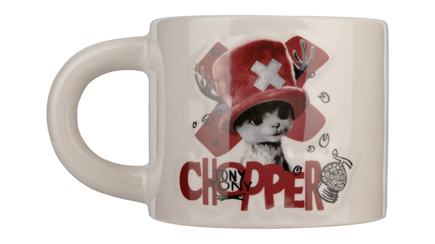 Front view of a white embossed mug featuring Tony Tony Chopper from One Piece