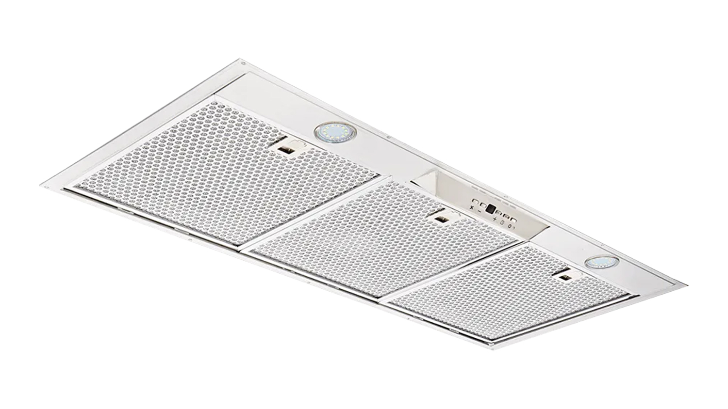 Angled underside view of a stainless steel 90cm undermount rangehood, showing three perforated metal grease filters