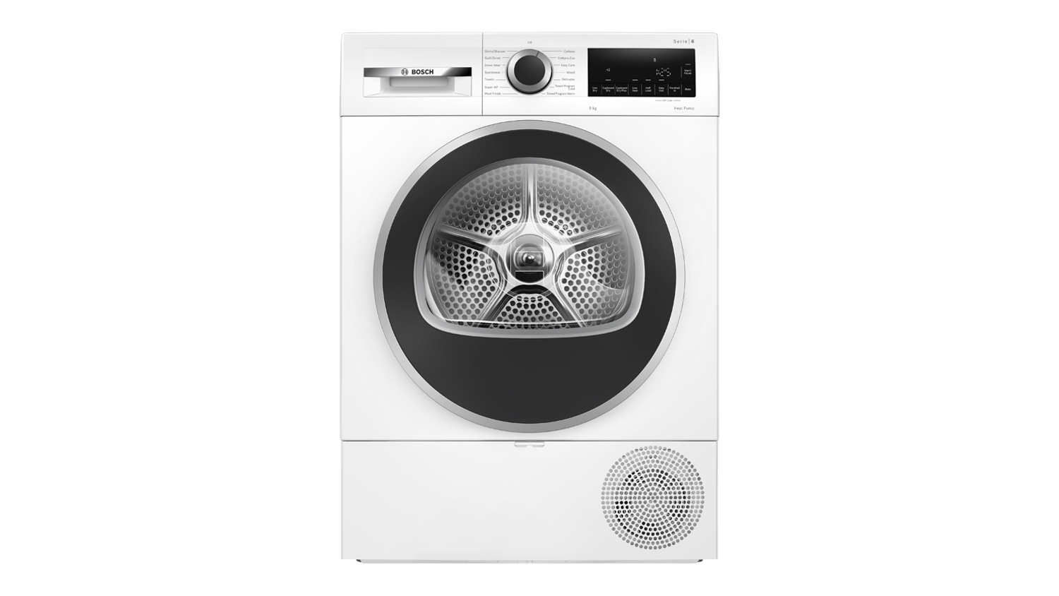A front view of the Bosch Series 6 9kg Heat Pump Dryer