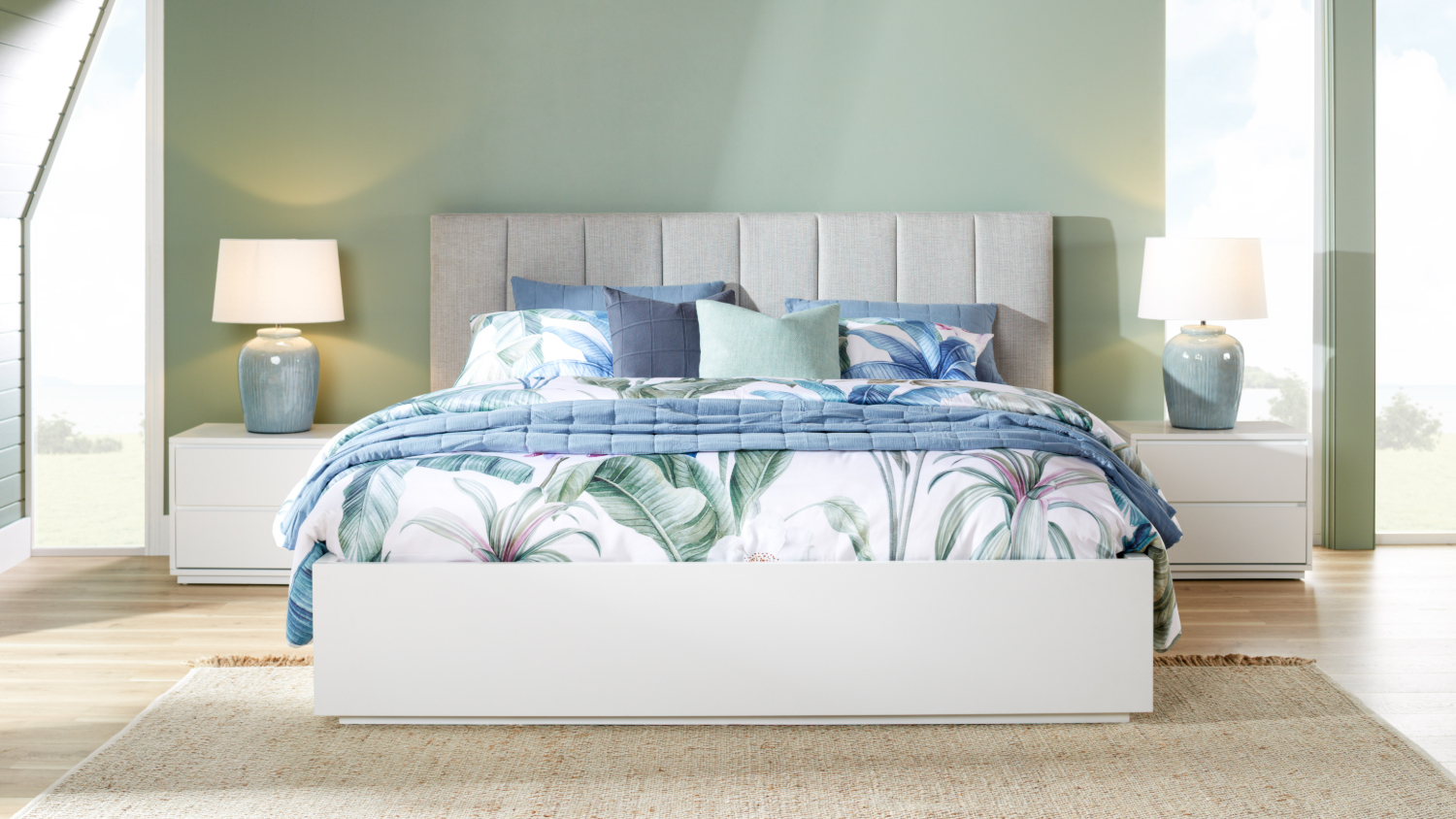 Super King Capri bed frame with a light upholstered panel headboard, flanked by two white bedside tables