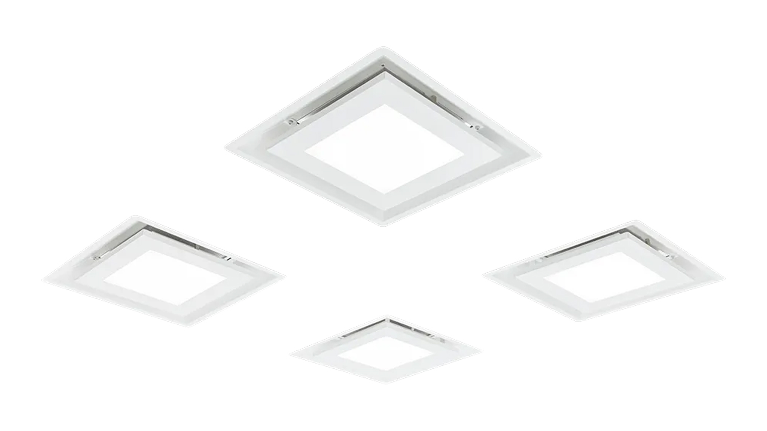 Four square modules of the Schweigen 36cm Silent Paradigma Ceiling Cassette Rangehood in white colour