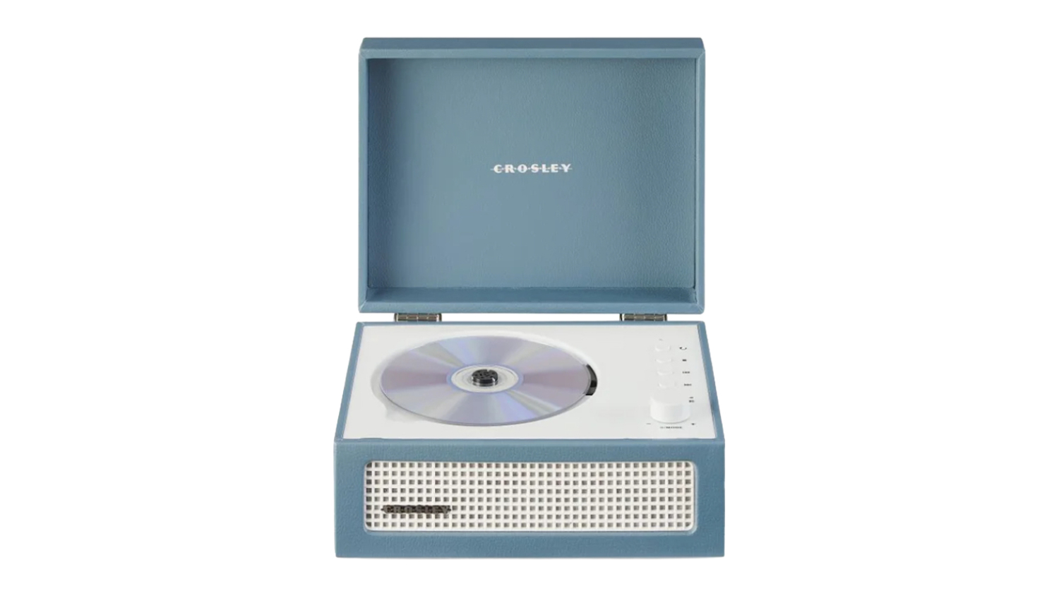 Blue Crosley Voyager retro portable CD player with the lid open, playing a compact disc, with the front speaker grille visible