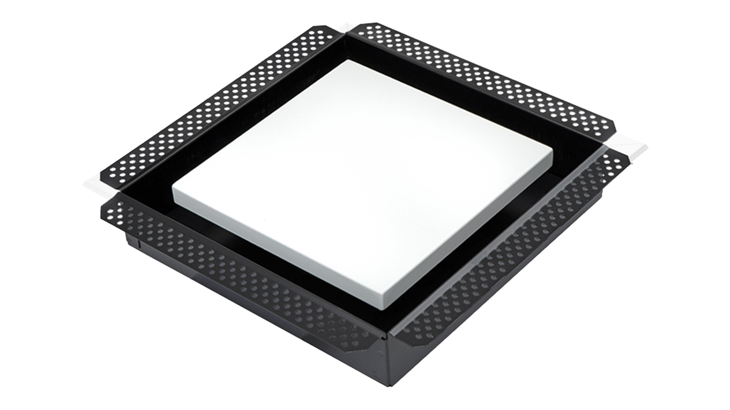 Angled view of a white Schweigen Square Integrated Diffuser
