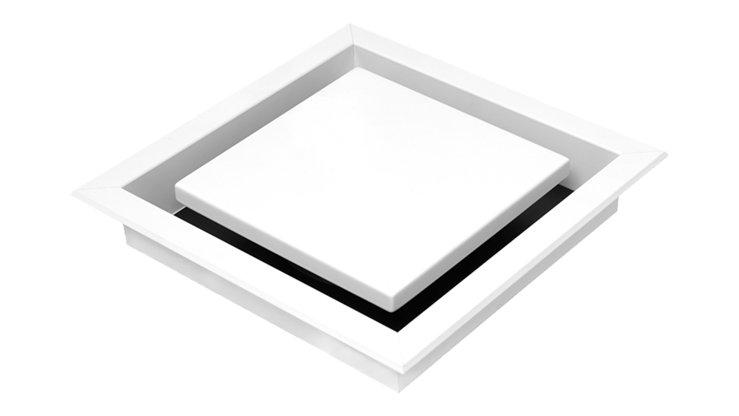 Angled view of a white Schweigen Square Recessed Diffuser
