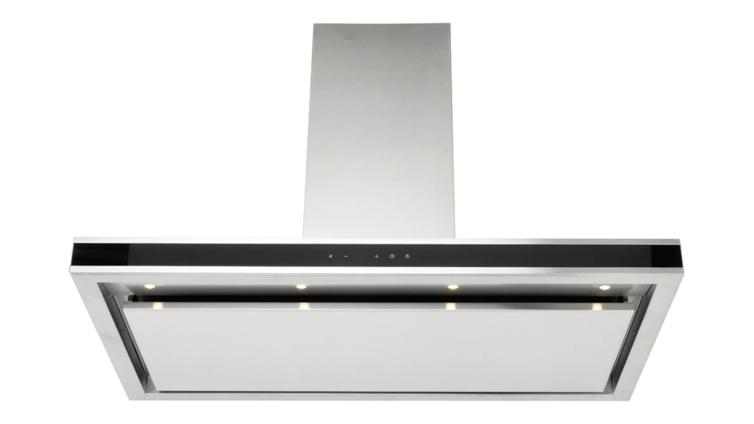 A front view of a stainless-steel wall-mounted rangehood with a slim black control panel, LED lights and modern minimalist canopy design