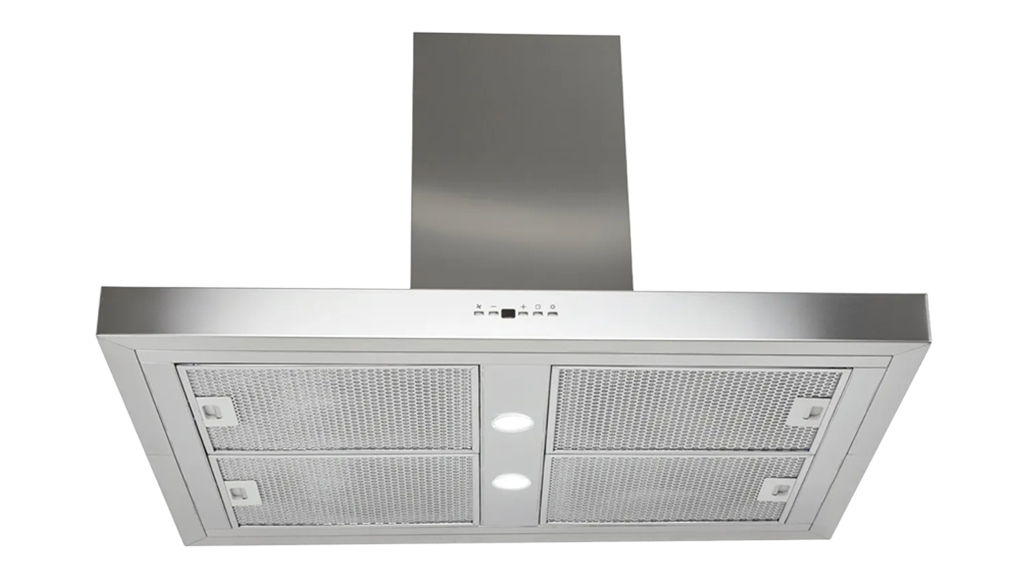 Front view of the Schweigen 90cm Silent Island Rangehood with mesh filters, lights, and control panel buttons