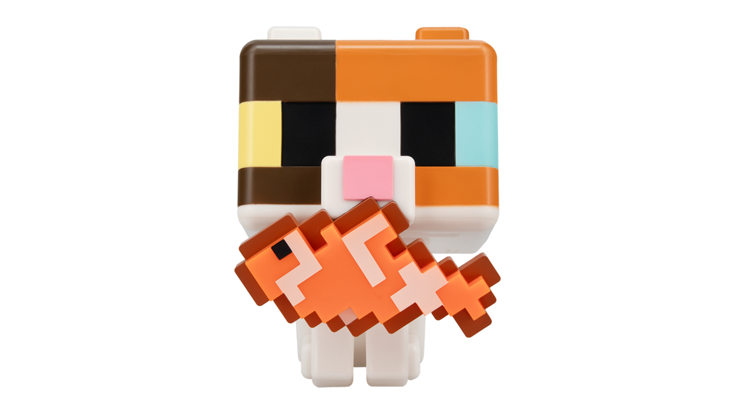 A blocky toy figure with a multicoloured face holding an orange, pixel-style fish