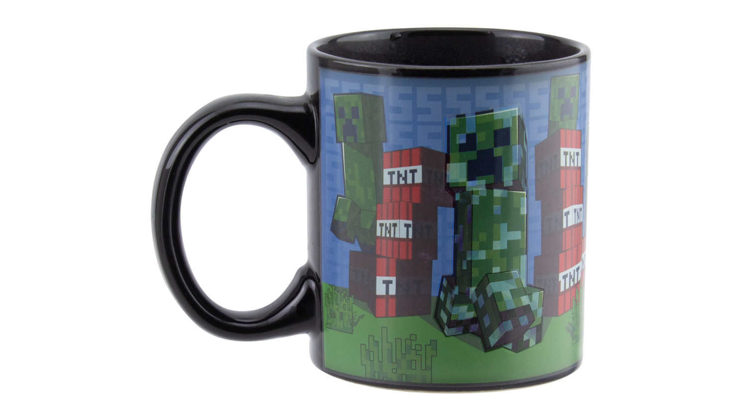 Black Paladone novelty heat-changing mug with Minecraft Creepers and TNT blocks, featuring a heat-reactive design on a blue background