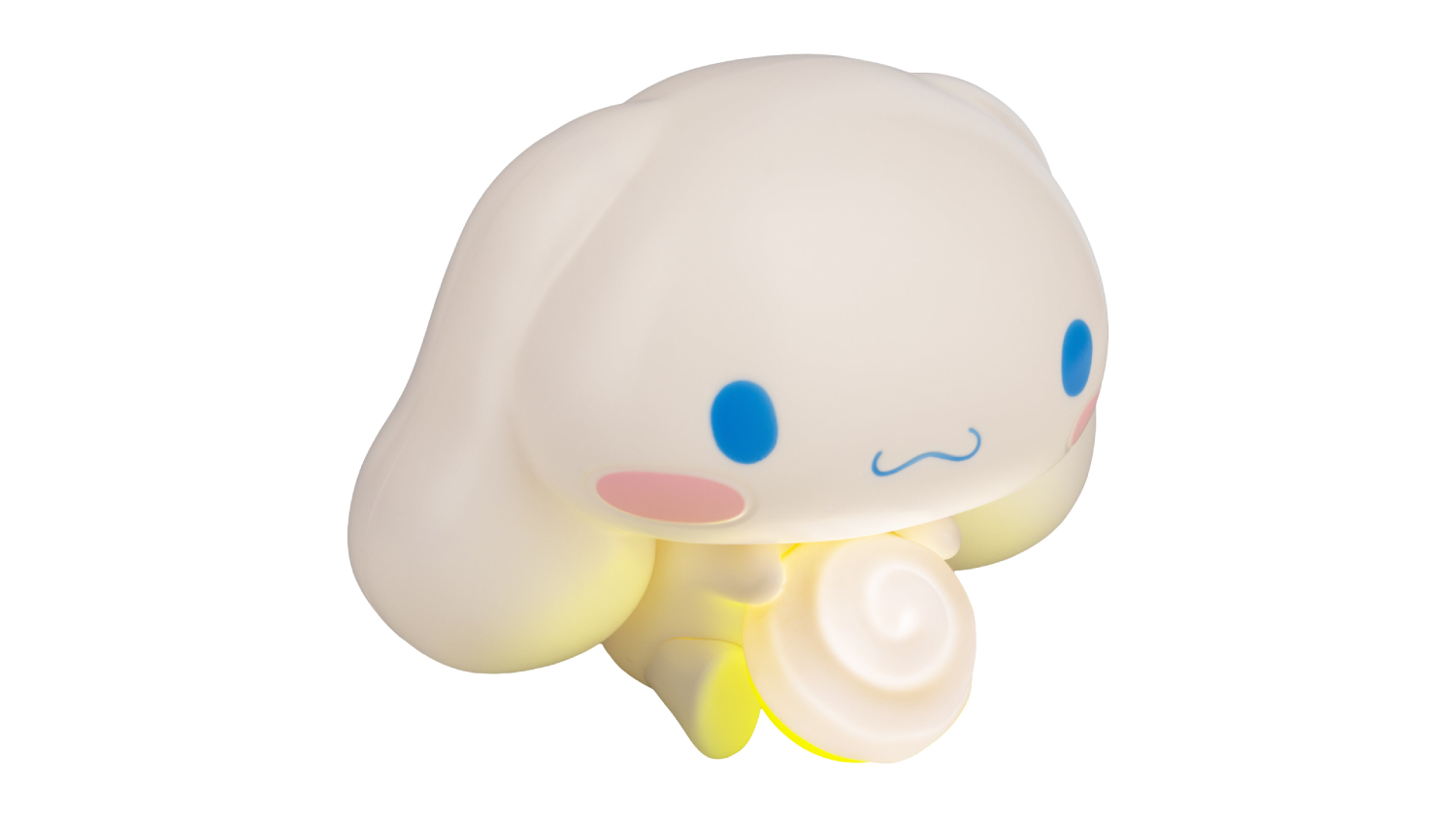 Close-up of a cute white bunny-like Paladone GloBuddies novelty light with blue eyes and pink cheeks, holding a glowing swirl