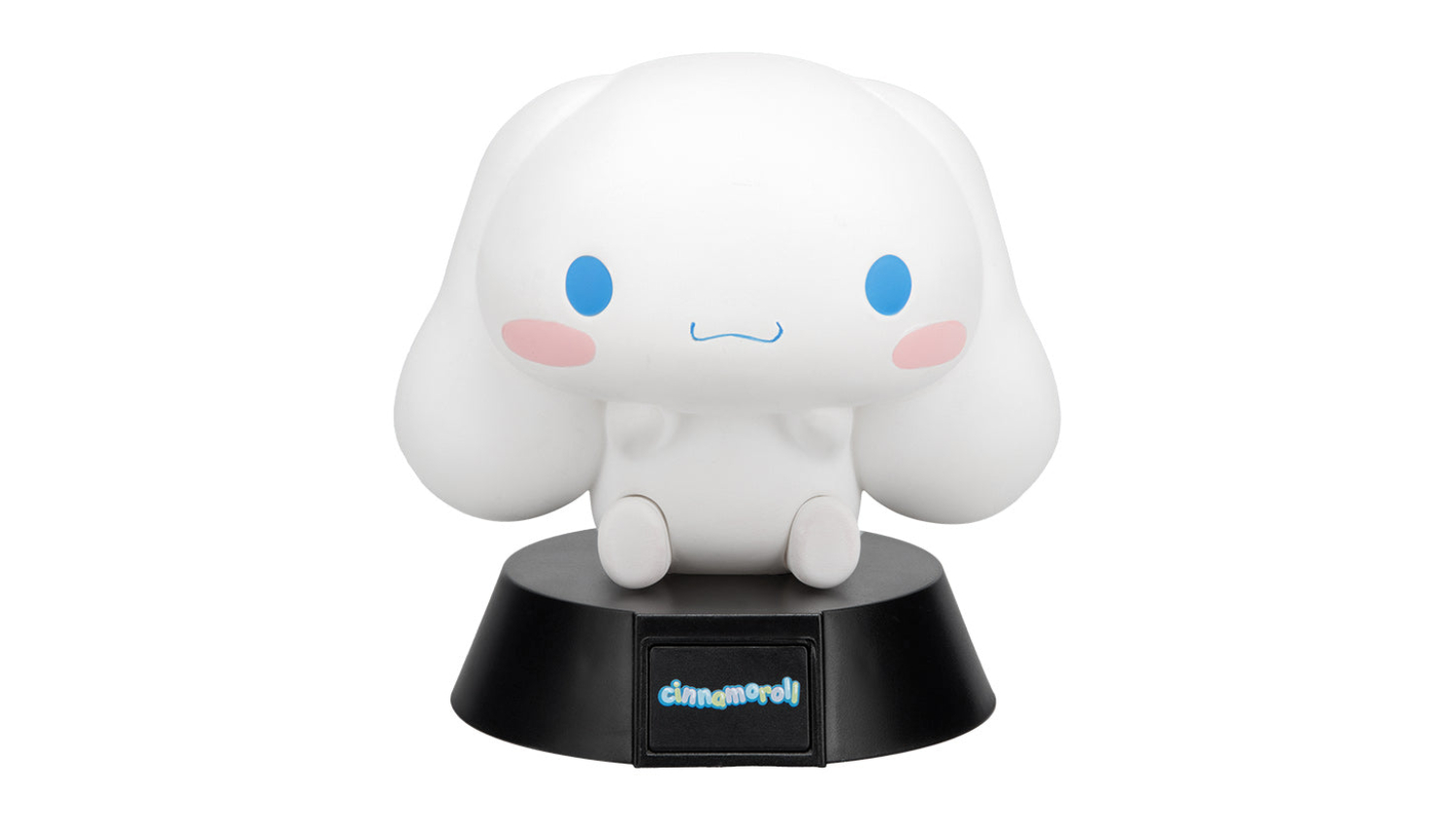 A white Cinnamoroll Paladone Icon Novelty Light lamp (unlit), sitting on a black base, with blue eyes and pink cheeks