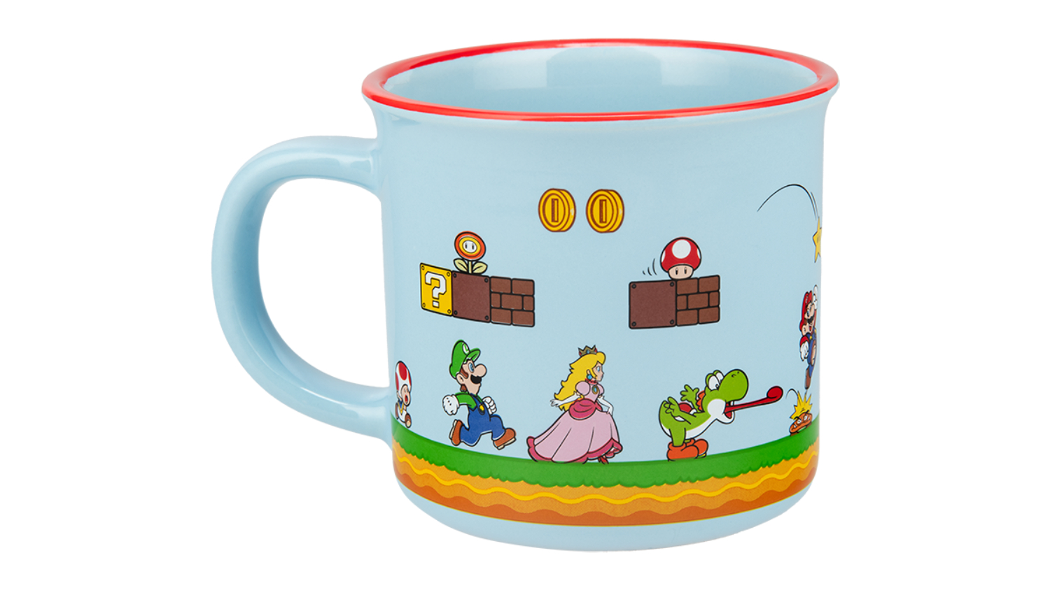 Light blue Paladone novelty-design mug with a red rim, featuring Super Mario enemies and a Piranha Plant on a colourful, game-style landscape