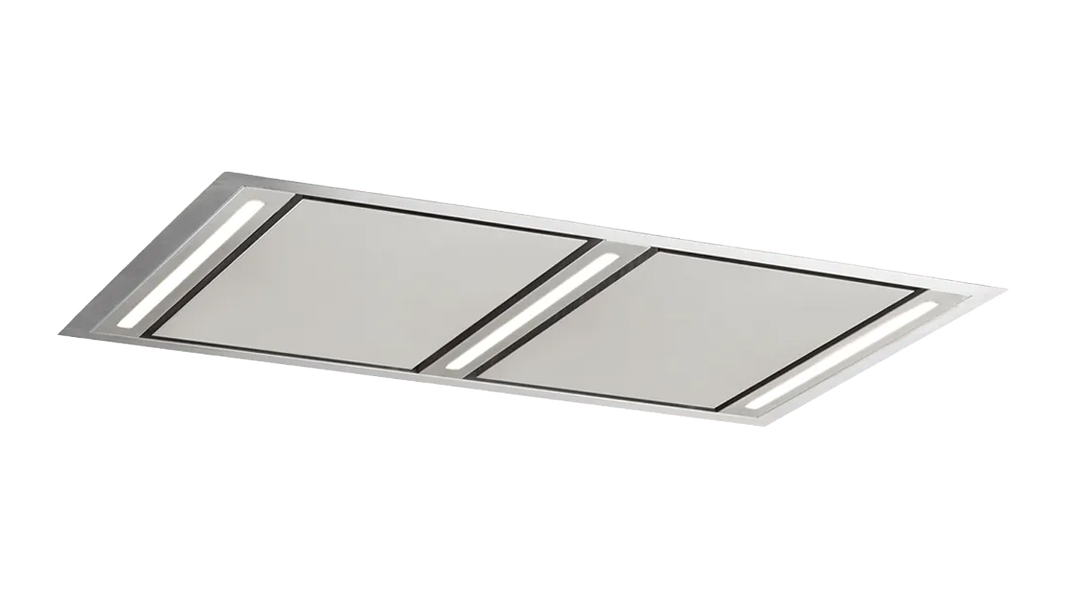 Slim stainless steel Schweigen 120cm Silent Ceiling Cassette Rangehood with two flat panels and built‑in LED light strips
