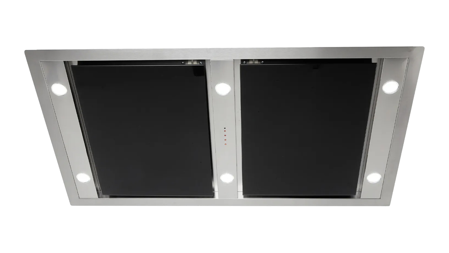 120cm ceiling cassette rangehood in stainless steel with two black glass panels, shown from below