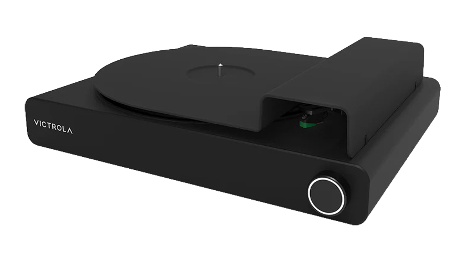 Victrola Stream semi-automatic belt-driven turntable in black with closed lid, minimalist design and front control knob