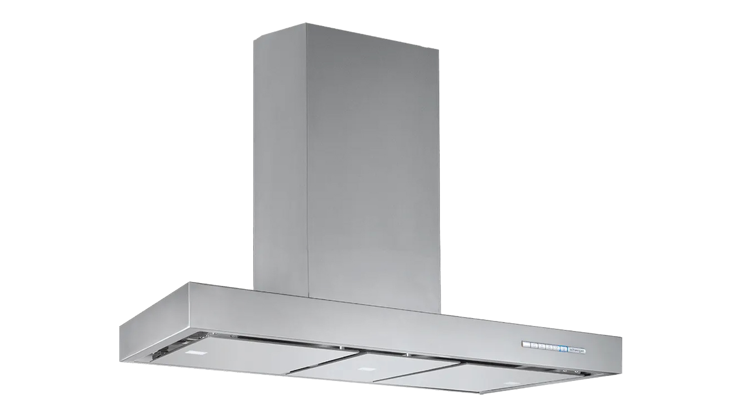 Angled view of the Schweigen 90cm Silent Expert Wall Mounted Rangehood with chimney and control buttons