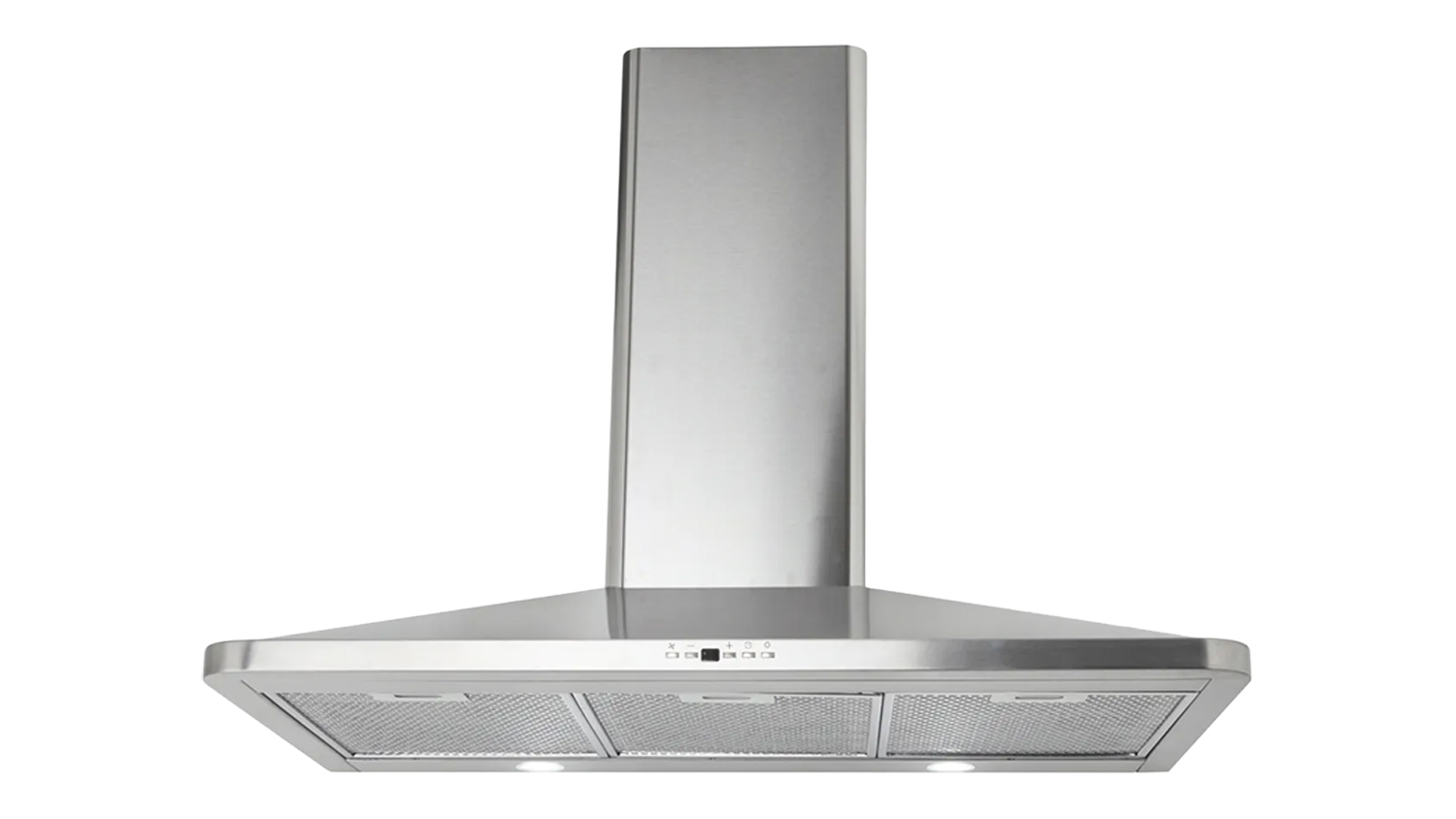 A front view of a stainless-steel wall-mounted rangehood with a wide canopy, mesh filters, LED lights and chimney flue
