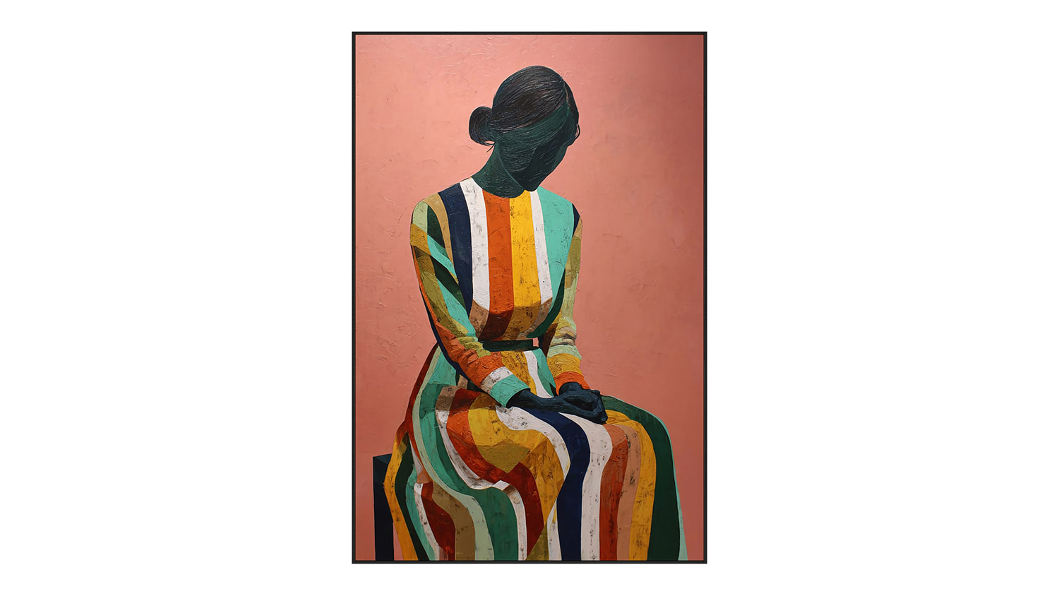 A seated faceless figure in a long dress with bold vertical stripes in green, orange, yellow, white, and dark blue