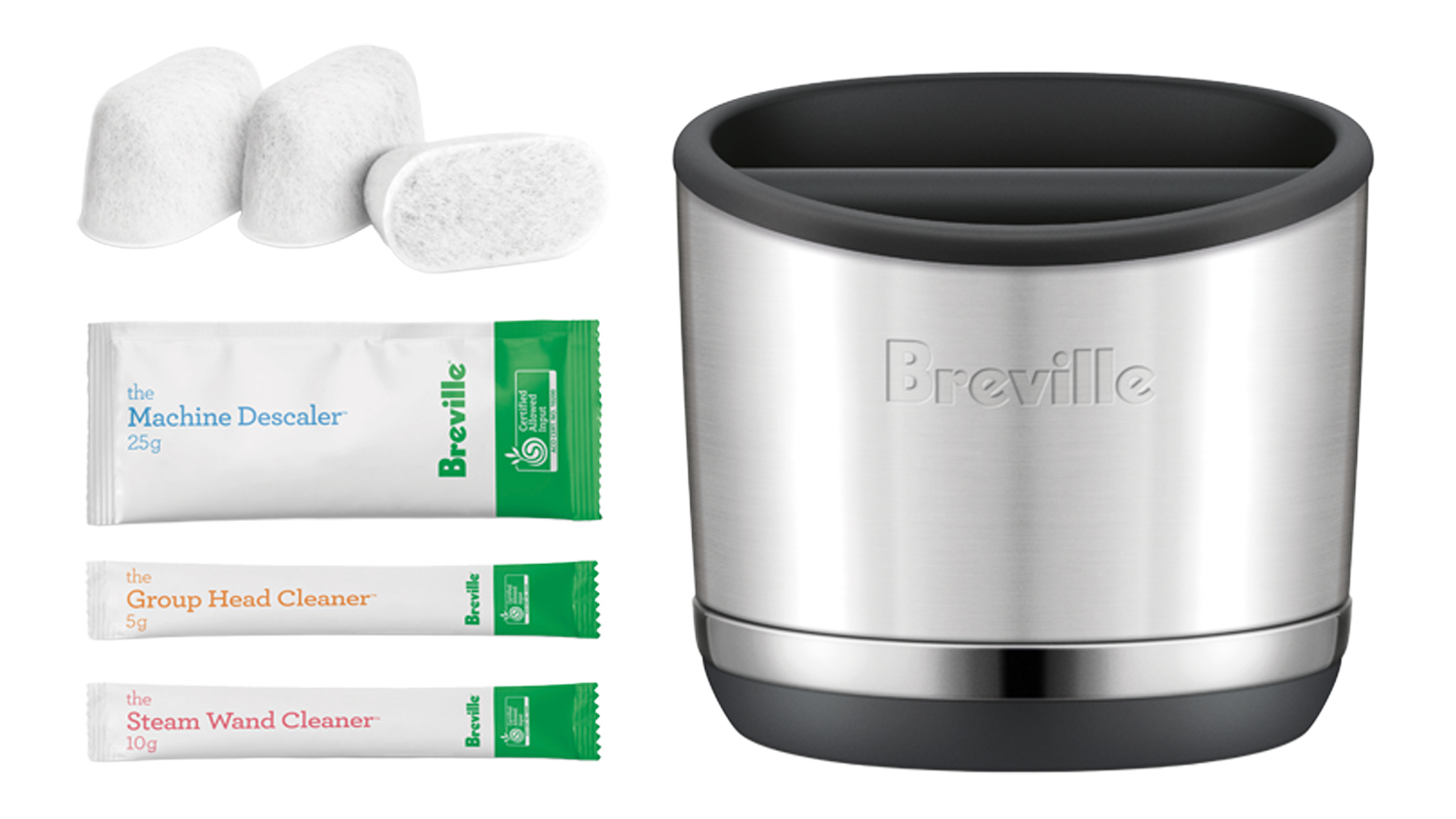 Breville Espresso Starter Pack with a stainless steel knock box, water filters, and cleaning packets