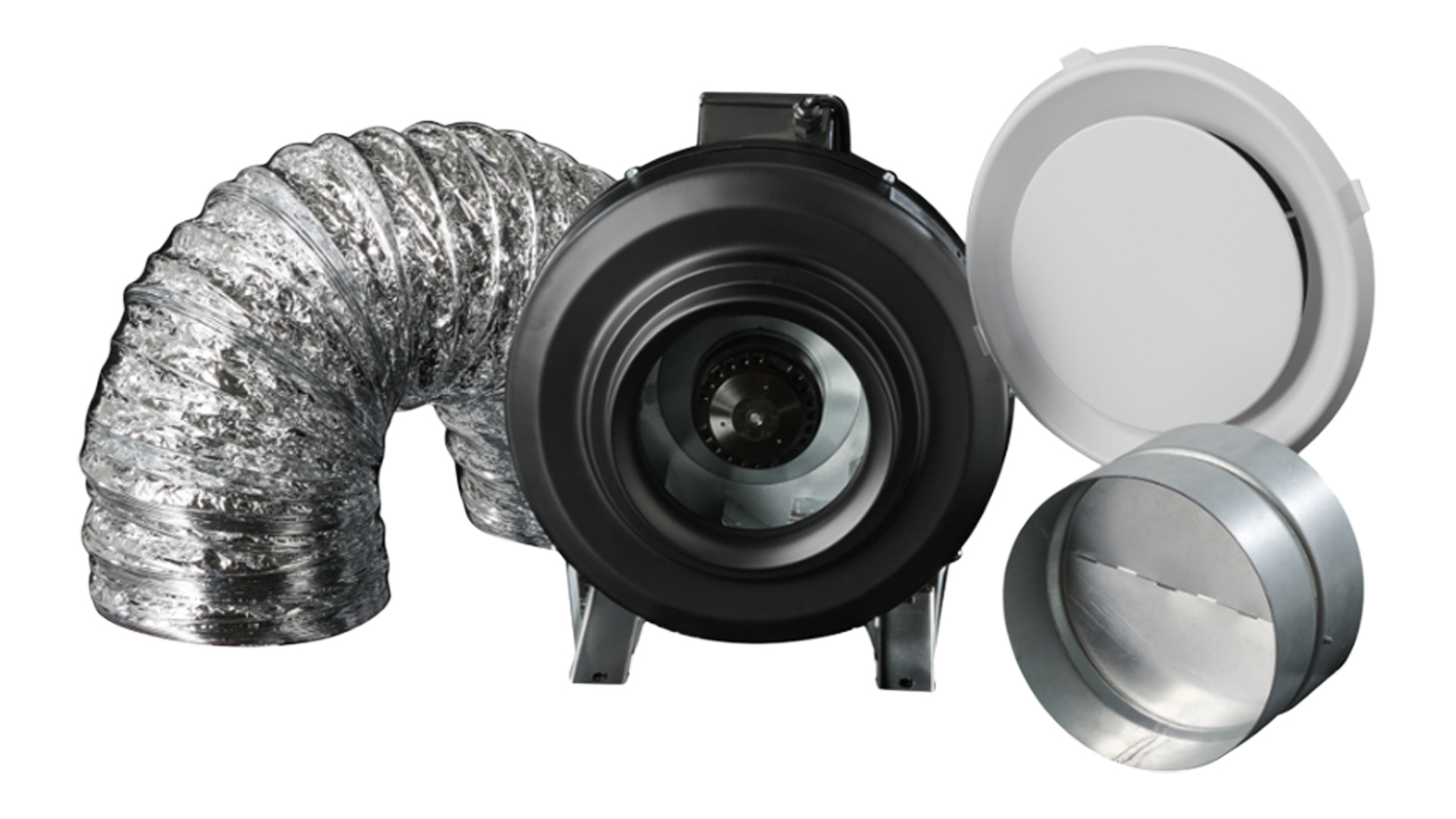Schweigen inline ventilation fan with flexible duct hose, vent cover, and metal backdraft damper