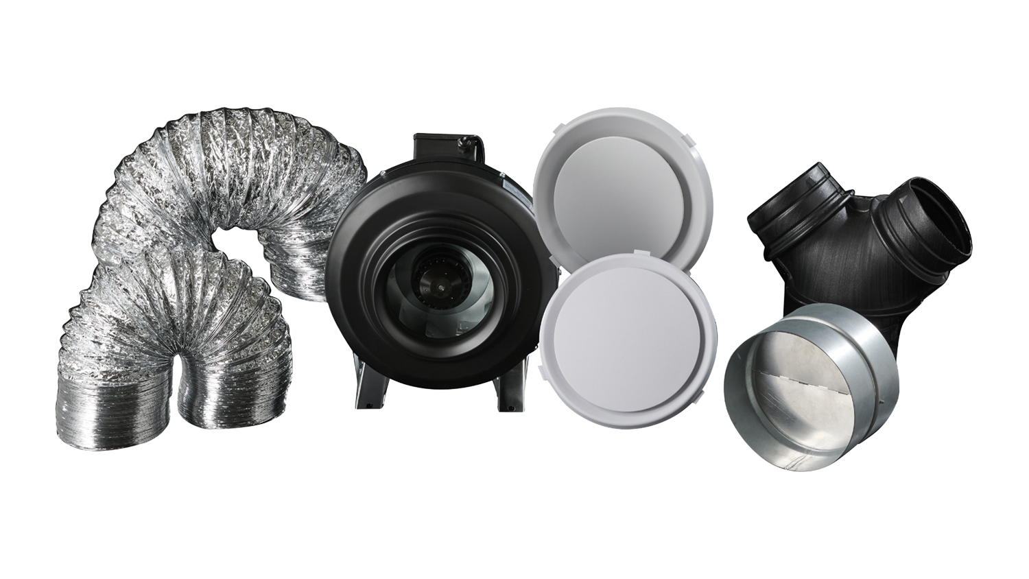 Flexible foil duct, Schweigen inline fan, vents, and connectors