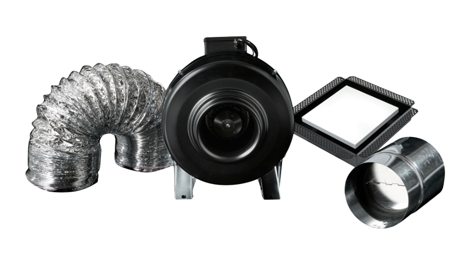 Schweigen inline ventilation kit with duct fan, flexible aluminium hose, wall vent, duct connector, and square ceiling vent