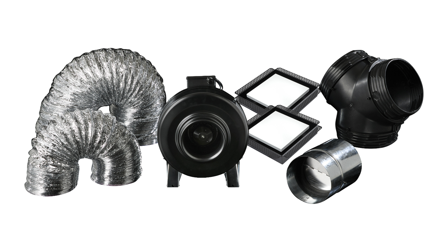 Ventilation components: flexible ducts, Schweigen inline fan, filters, elbow joint, and metal connector