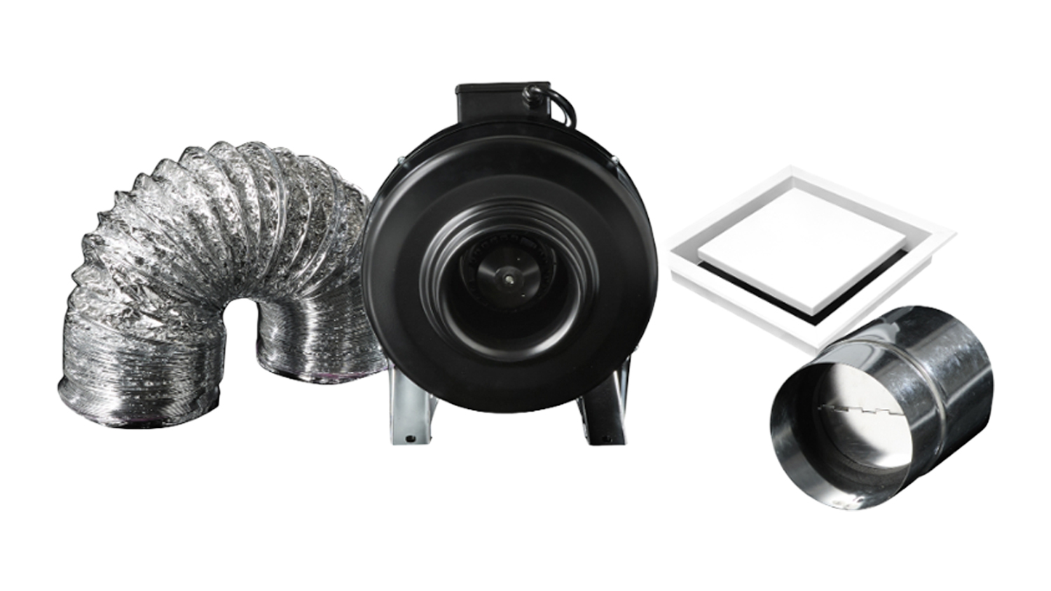 Flexible metal duct, Schweigen inline fan, vent cover, and connector parts for a bathroom ventilation system