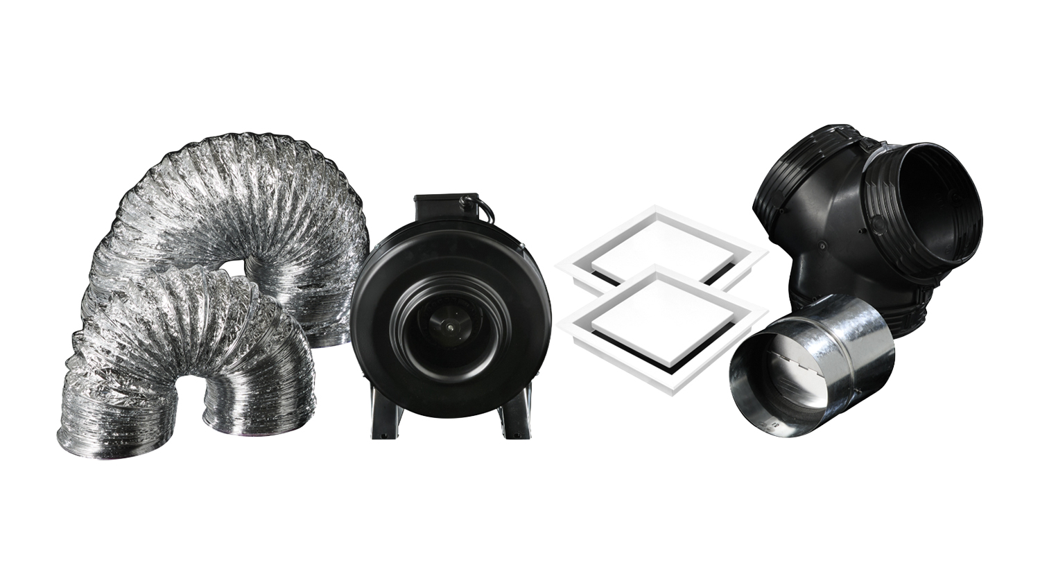 Assorted HVAC parts: flexible aluminium ducts, a Schweigen inline fan, round fittings, and square vents