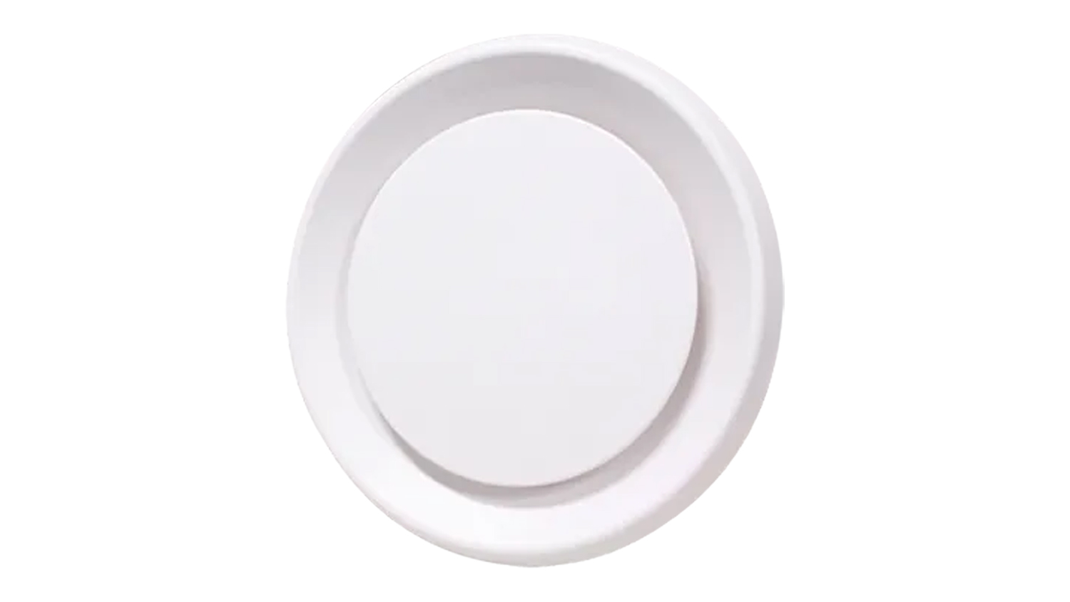 Top view of a round white Schweigen ceiling vent with a circular centre and a smooth outer ring