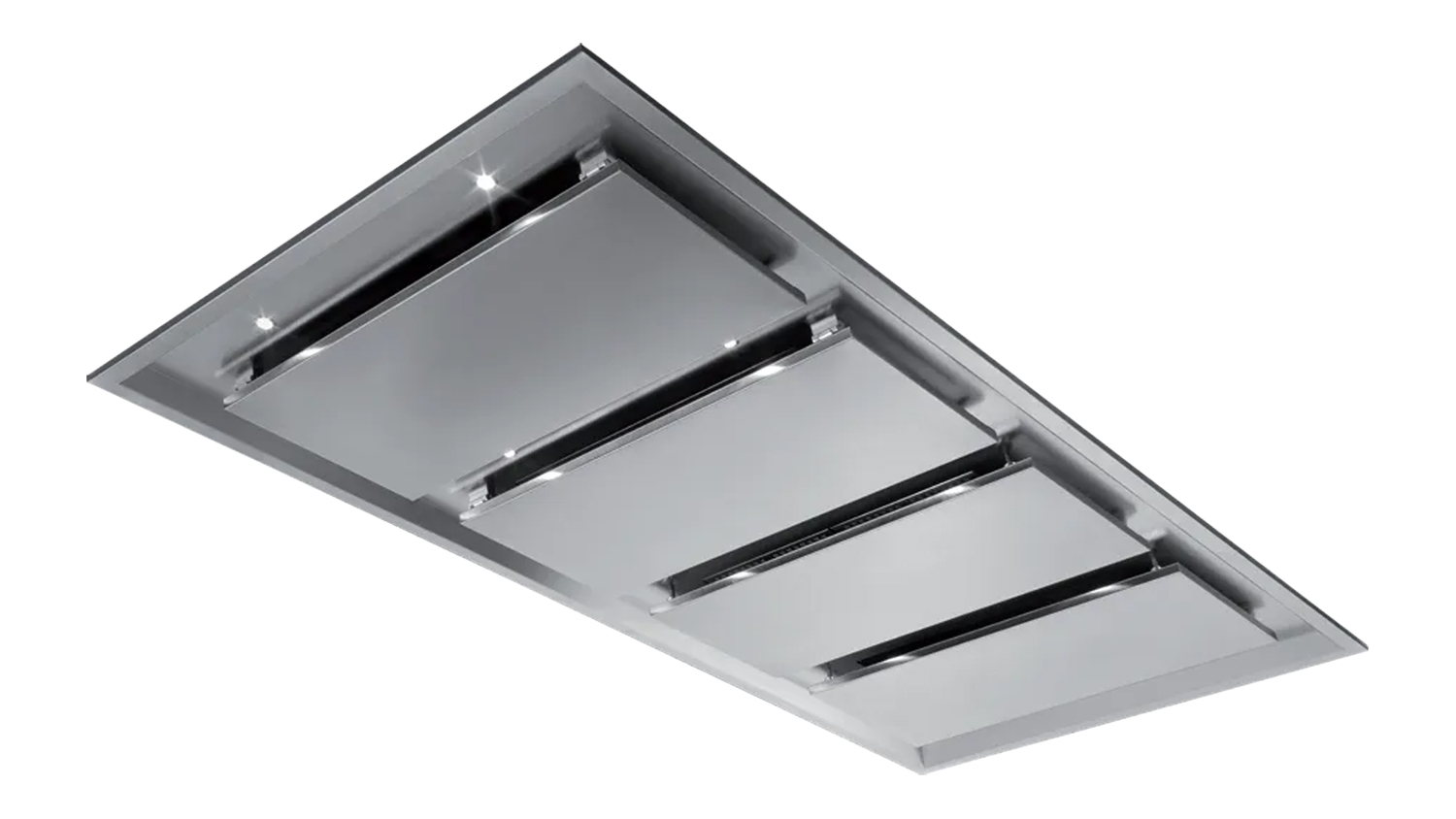 An underside view ofthe Schweigen INART 200cm ceiling cassette rangehood in stainless steel with sleek panel design
