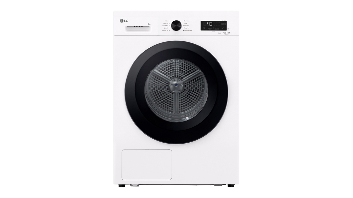 Front view of a white LG Series 1 8kg heat pump dryer with a black circular door and top control panel