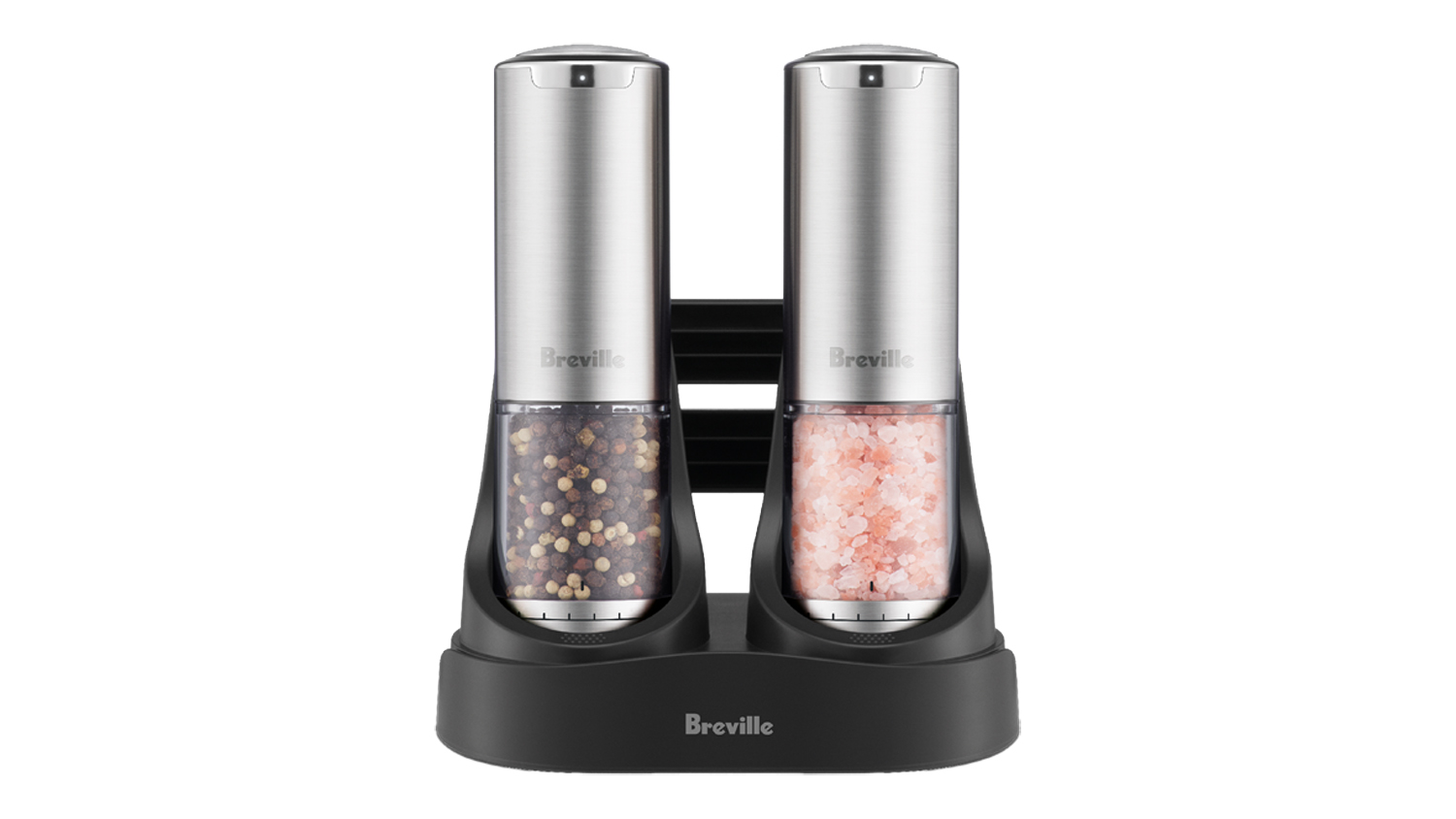 Breville the Salt and Pepper Rechargeable Mills in a brushed stainless steel finish