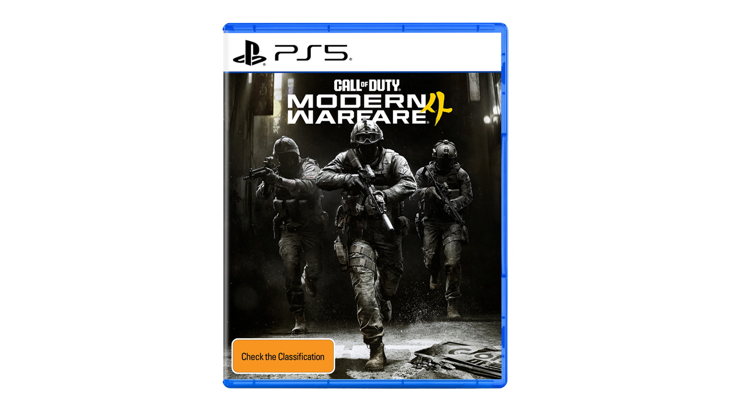 Official PS5 game case  for Call of Duty: Modern Warfare 4, featuring soldiers running through a dark alley