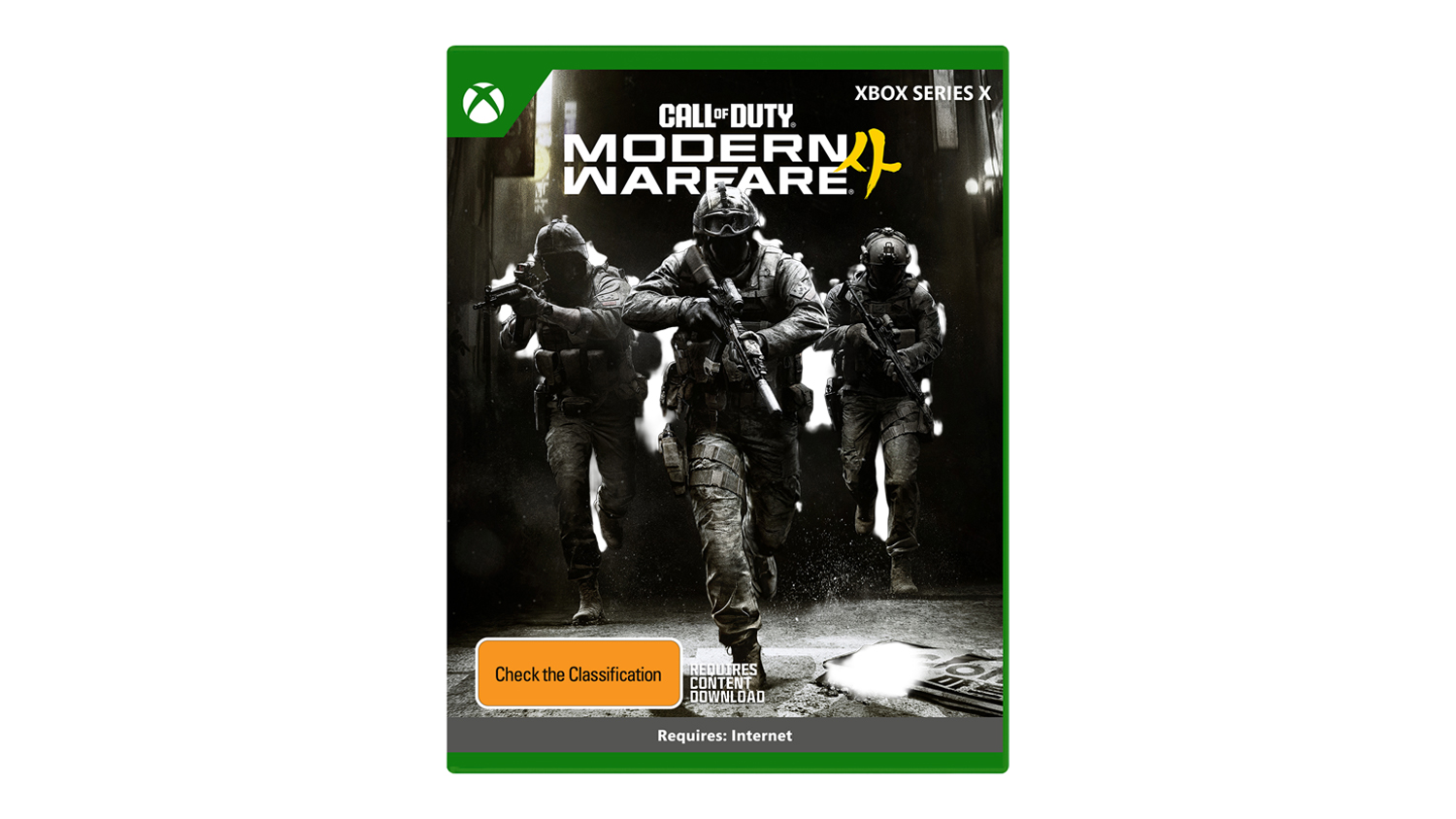 Official Xbox Series X game case for Call of Duty: Modern Warfare 4, featuring soldiers running through a dark alley