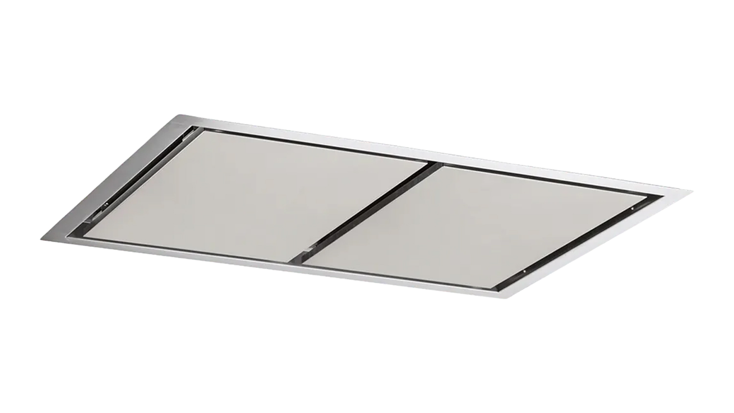 Angled view of the Schweigen 100cm Silent Ceiling Cassette Rangehood with two recessed panels