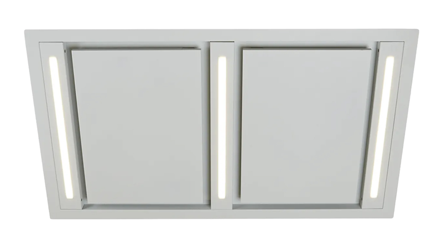 Schweigen 120cm silent ceiling-mounted rangehood unit with two square panels and three vertical LED light strips on a white frame