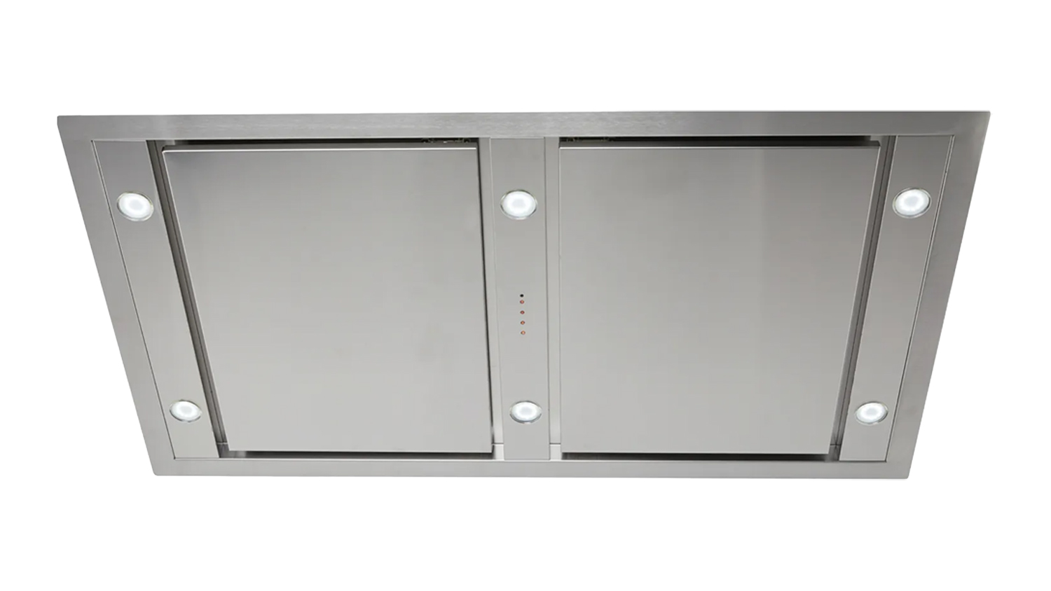 Front view of a stainless steel Schweigen 120cm silent ceiling rangehood with two flat panels and four built-in lights