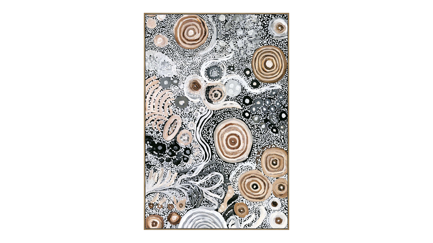 Rare Earth framed canvas (80x120cm) featuring abstract, earthy dot-art circles in neutral tones