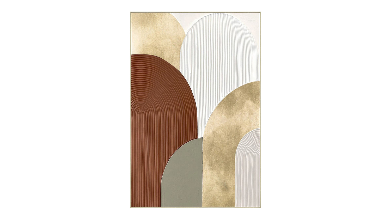 Textured A-framed canvas featuring abstract arched shapes in earth tones, white, and gold