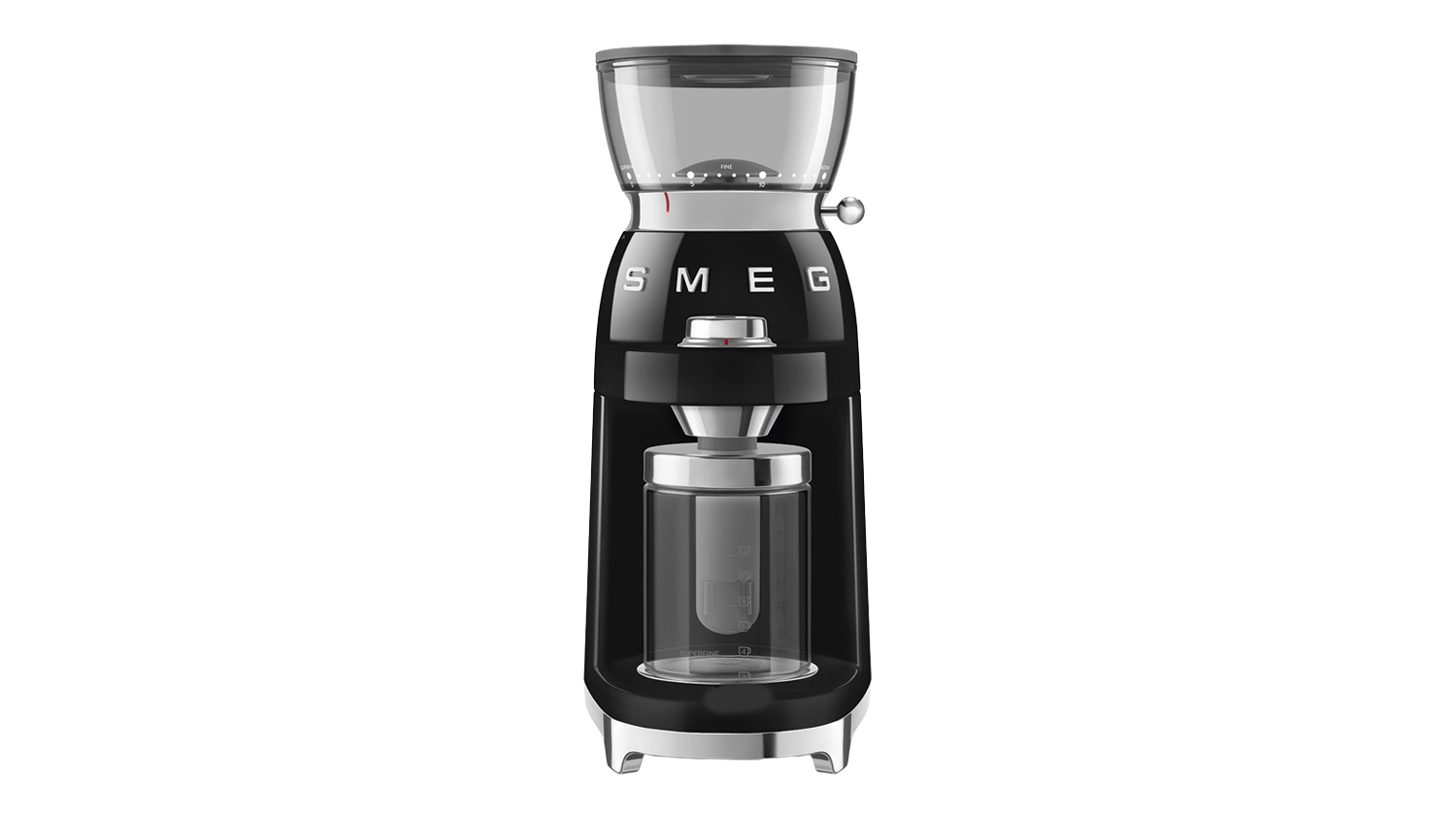 Front view of a glossy black Smeg coffee grinder with a clear bean hopper on top and a grounds container
