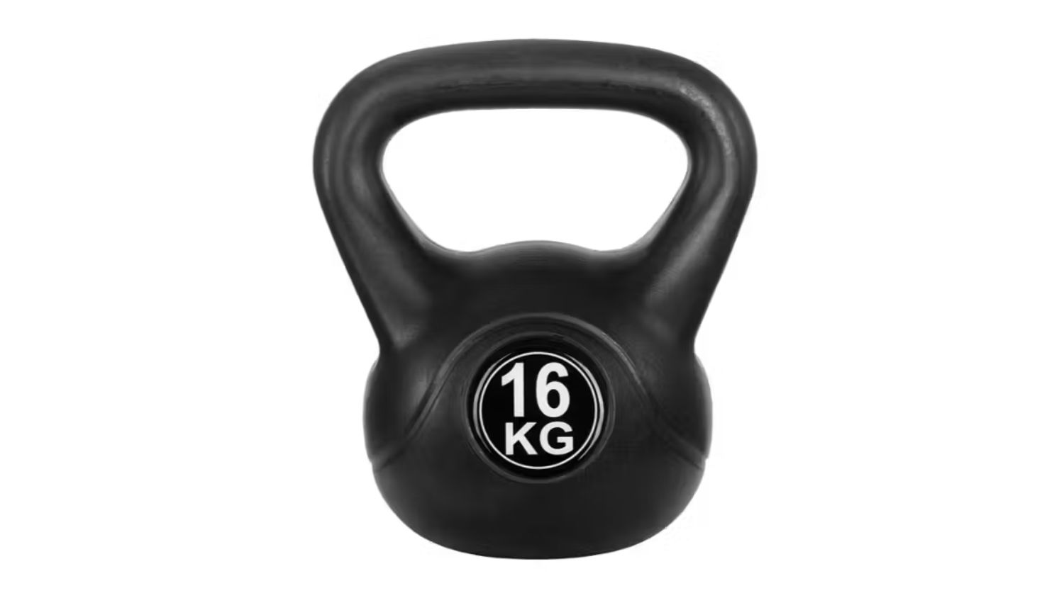 A front view of a black Everfit 16 kg kettlebell with a sturdy handle and a circular weight label